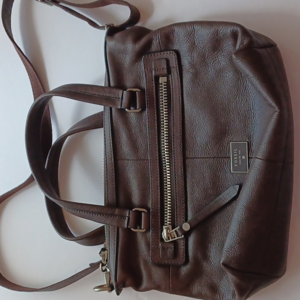 Fossil crossbody or handles bag leather brown zip top and side back pocket